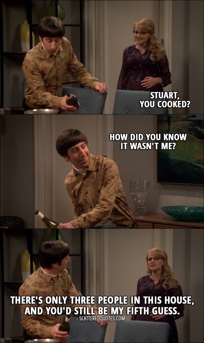 17 Best The Big Bang Theory Quotes from 'The Property Division Collision' (10x10) - Bernadette Rostenkowski-Wolowitz: Stuart, you cooked? Howard Wolowitz: How did you know it wasn't me? Bernadette Rostenkowski-Wolowitz: There's only three people in this house, and you'd still be my fifth guess.