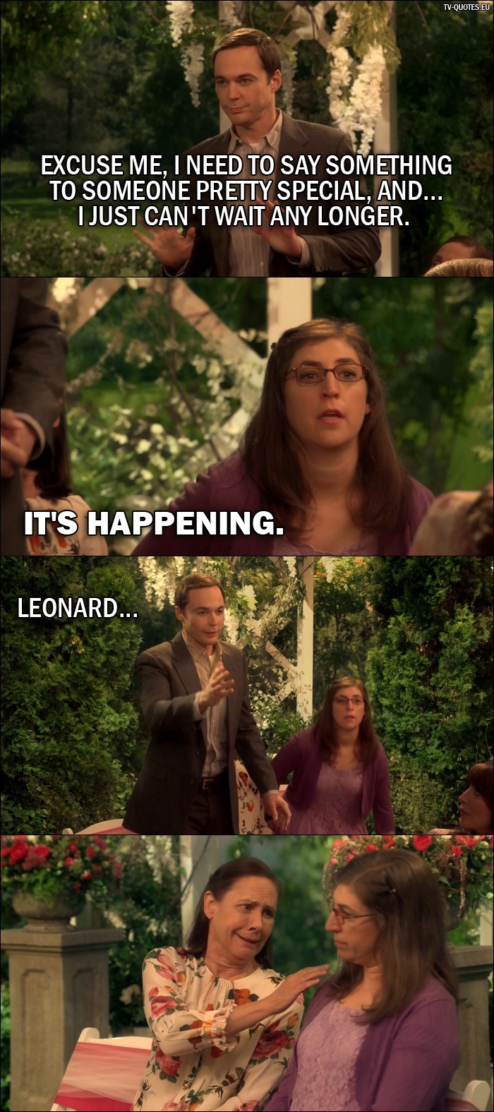 The Big Bang Theory Quote from 10x01 - Sheldon Cooper: Excuse me, I need to say something to someone pretty special, and... I just can't wait any longer. Amy Farrah Fowler: It's happening. Sheldon Cooper: Leonard... 