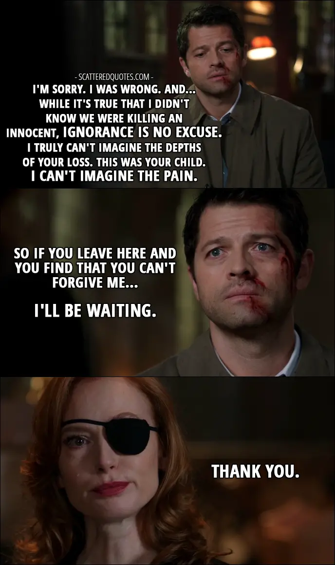 12 Best Supernatural Quotes from 'Lily Sunder Has Some Regrets' (12x10) - Castiel: I'm sorry. I was wrong. And...while it's true that I didn't know we were killing an innocent, ignorance is no excuse. I truly can't imagine the depths of your loss. This was your child. I can't imagine the pain. So if you leave here and you find that you can't forgive me... I'll be waiting. Lily Sunder: Thank you.
