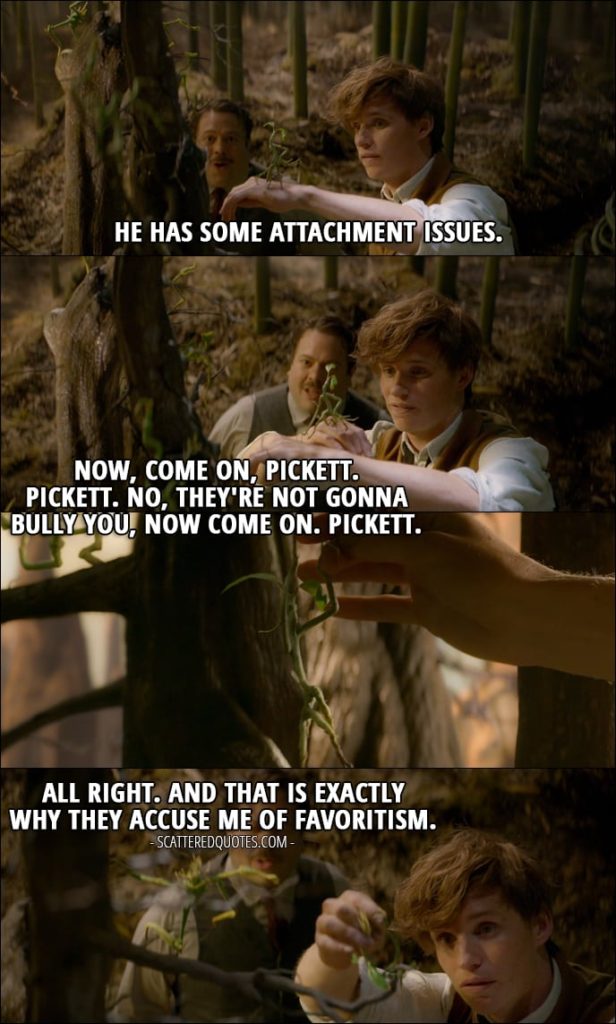 Quotes from Fantastic Beasts and Where to Find Them (2016) - Newt Scamander (to Jacob): He has some attachment issues. (to Pickett): Now, come on, Pickett. Pickett. No, they're not gonna bully you, now come on. Pickett. All right. And that is exactly why they accuse me of favoritism.