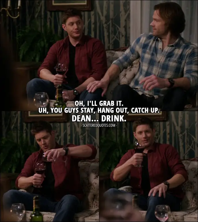 12 Best Supernatural Quotes from 'Twigs & Twine & Tasha Banes' (12x20) - Sam Winchester: Oh, I'll grab it. Uh, you guys stay, hang out, catch up. Dean... drink.