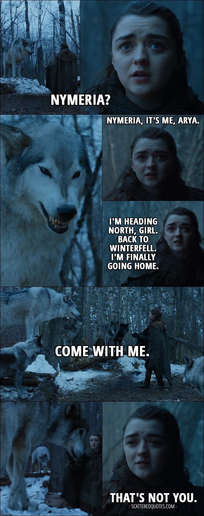 Quote from Game of Thrones 7x02 - Arya Stark: Nymeria? Nymeria, it's me, Arya. I'm heading north, girl. Back to Winterfell. I'm finally going home. Come with me. Come with me. That's not you.