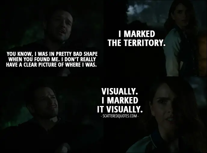 Quote from Teen Wolf 6x07 - Peter Hale: You know, I was in pretty bad shape when you found me. I don't really have a clear picture of where I was. Malia Tate: I marked the territory. (Peter makes a face) Visually. I marked it visually.