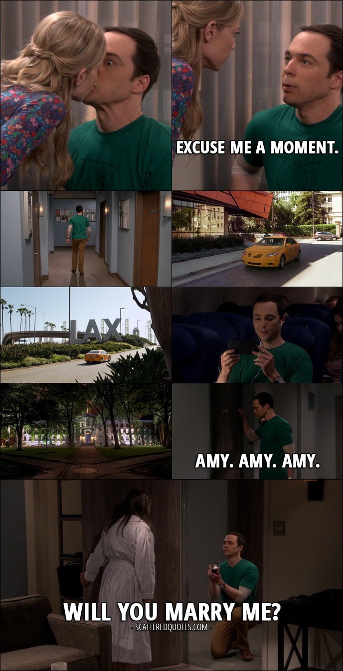 Quote from The Big Bang Theory 10x24 - Sheldon Cooper: Question: are you seeking a romantic relationship with me? Ramona Nowitzki: What if I were? Sheldon Cooper: Well, that would raise a number of problems. We're colleagues. I'm currently in a relation... (Ramona kisses him) Excuse me a moment. (Sheldon leaves the office, gets into a taxi going into airport, flies into New Jersey and knocks on Amy's door) Amy. Amy. Amy. (Amy opens the door to Sheldon kneeling on one knee with a ring) Will you marry me?