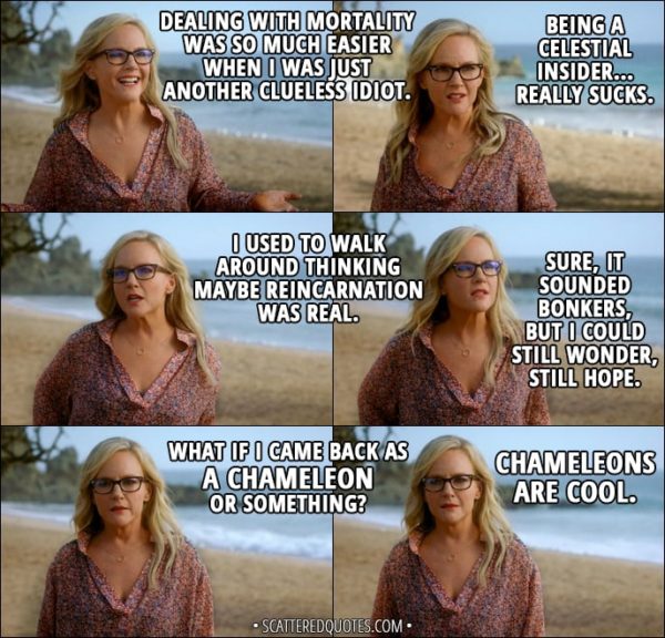 Quote from Lucifer 3x08 - Linda Martin: Dealing with mortality was so much easier when I was just another clueless idiot. Being a celestial insider... really sucks. I used to walk around thinking maybe reincarnation was real. Sure, it sounded bonkers, but I could still wonder, still hope. What if I came back as a chameleon or something? Chameleons are cool.