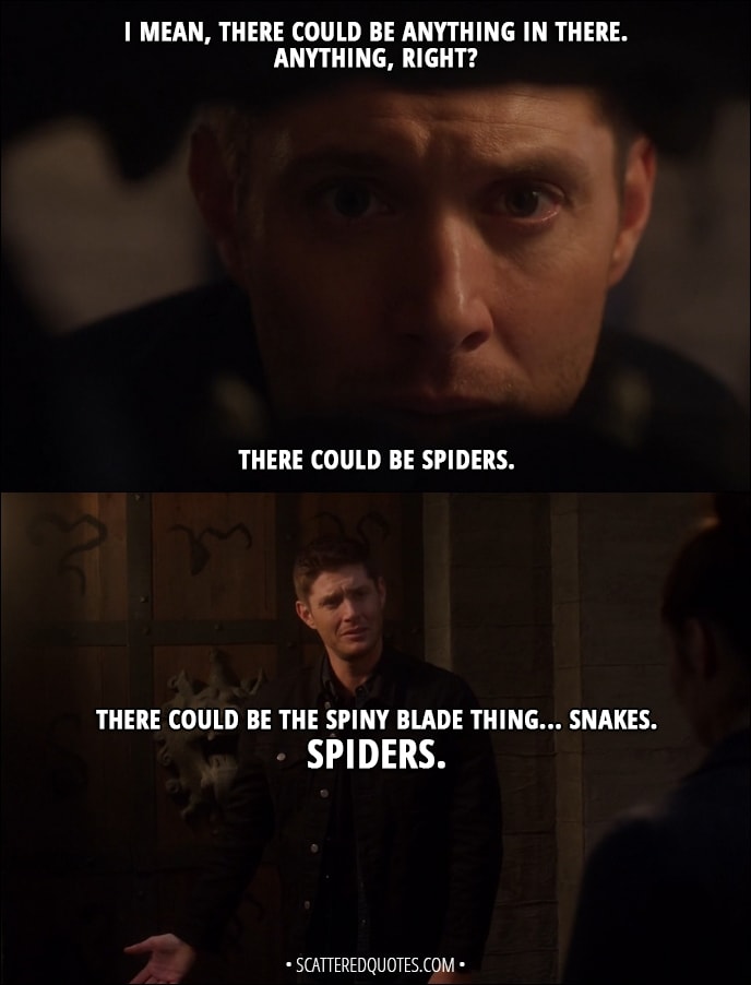 Quote from Supernatural 13x08 - Dean Winchester: I mean, there could be anything in there. Anything, right? There could be spiders. There could be the spiny blade thing... Snakes. Spiders.