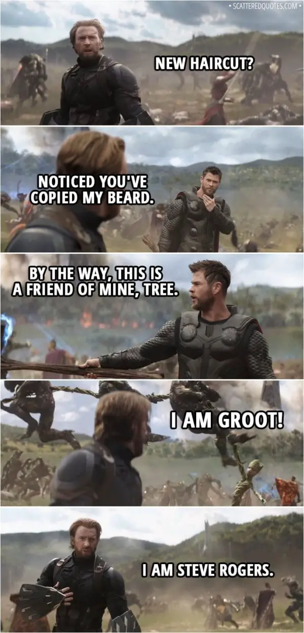 Quote from Avengers: Infinity War (2018) - Steve Rogers: New haircut? Thor: Noticed you've copied my beard. By the way, this is a friend of mine, Tree. Groot: I am Groot! Steve Rogers: I am Steve Rogers.