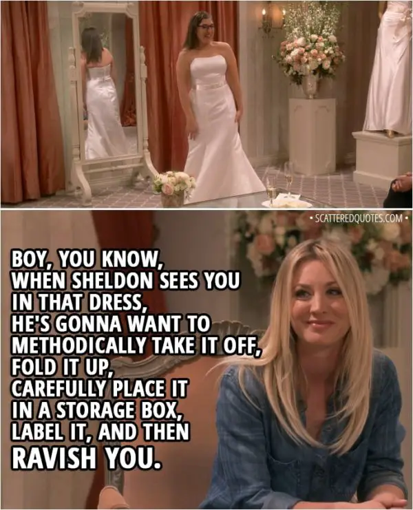 Quote from The Big Bang Theory 11x22 - Bernadette Rostenkowski-Wolowitz: Look at your waist. Where you been hiding that thing? Amy Farrah Fowler: Bernadette, stop. Penny, you say something nice now. Penny Hofstadter: Boy, you know, when Sheldon sees you in that dress, he's gonna want to methodically take it off, fold it up, carefully place it in a storage box, label it, and then ravish you.