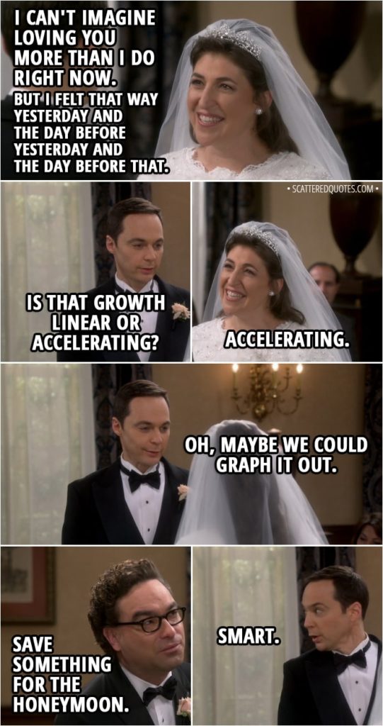 Quote from The Big Bang Theory 11x24 - Amy Farrah Fowler: Clearly, it was wrong. Because I felt something that day, and those feelings have only gotten stronger with time. I can't imagine loving you more than I do right now. But I felt that way yesterday and the day before yesterday and the day before that. Sheldon Cooper: Is that growth linear or accelerating? Amy Farrah Fowler: Accelerating. Sheldon Cooper: Oh, maybe we could graph it out. Leonard Hofstadter: Save something for the honeymoon. Sheldon Cooper: Smart.