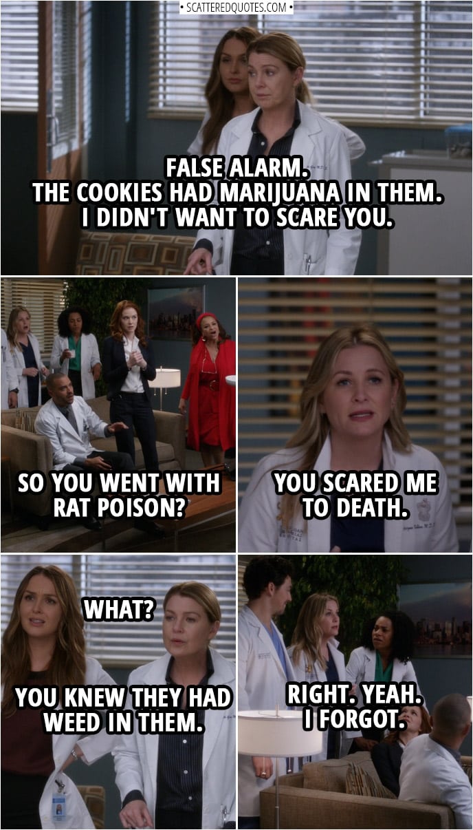 Quote from Grey's Anatomy 14x20 | Meredith Grey: Please raise your hand if you ate any cookies from this tin. Unfortunately, the cookies in this tin were tainted with rat poison. So we need to treat those of you who have ingested them as soon as possible, please. (They get everyone into one room...) Meredith Grey: Okay. False alarm. The cookies had marijuana in them. Catherine Avery: What?! Meredith Grey: Yes. I didn't want to scare you. Jackson Avery: So you went with rat poison? Arizona Robbins: You scared me to death. Jo Wilson: What? Meredith Grey: You knew they had weed in them. Arizona Robbins: Right. Yeah. I-I forgot.