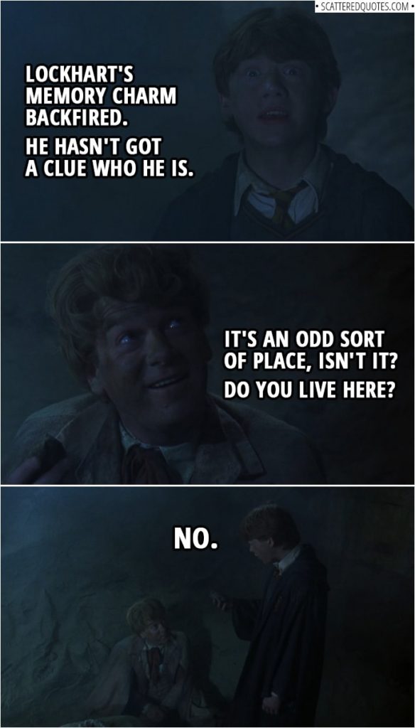 Quotes from Harry Potter and the Chamber of Secrets (2002) | Ron Weasley (to Harry): Lockhart's Memory Charm backfired. He hasn't got a clue who he is. Gilderoy Lockhart: It's an odd sort of place, isn't it? Do you live here? Ron Weasley: No. (knocks out Lockhart with a stone)
