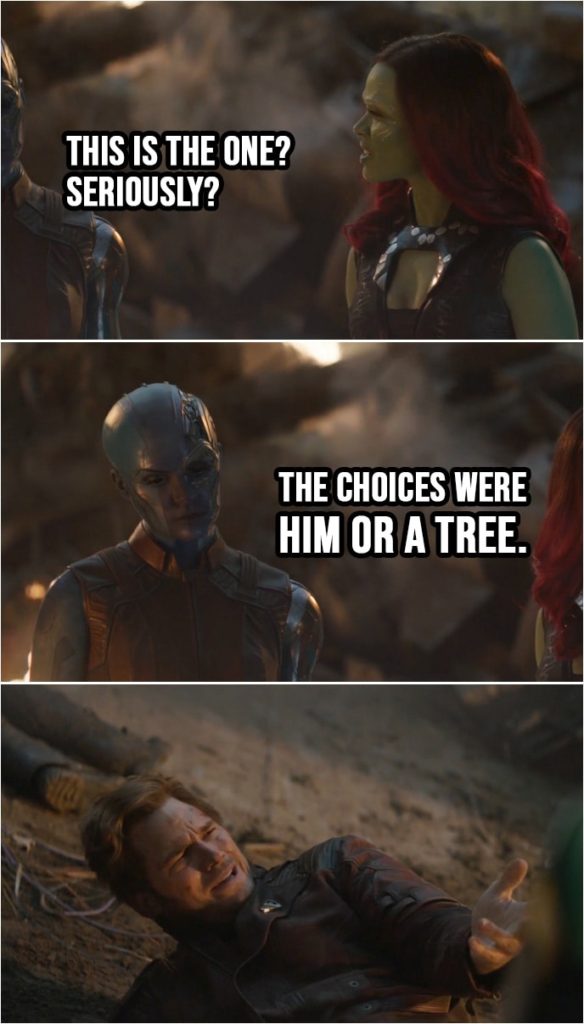 Quote from Avengers: Endgame (2019) | Gamora: This is the one? Seriously? (looking at Quill) Nebula: The choices were him or a tree.