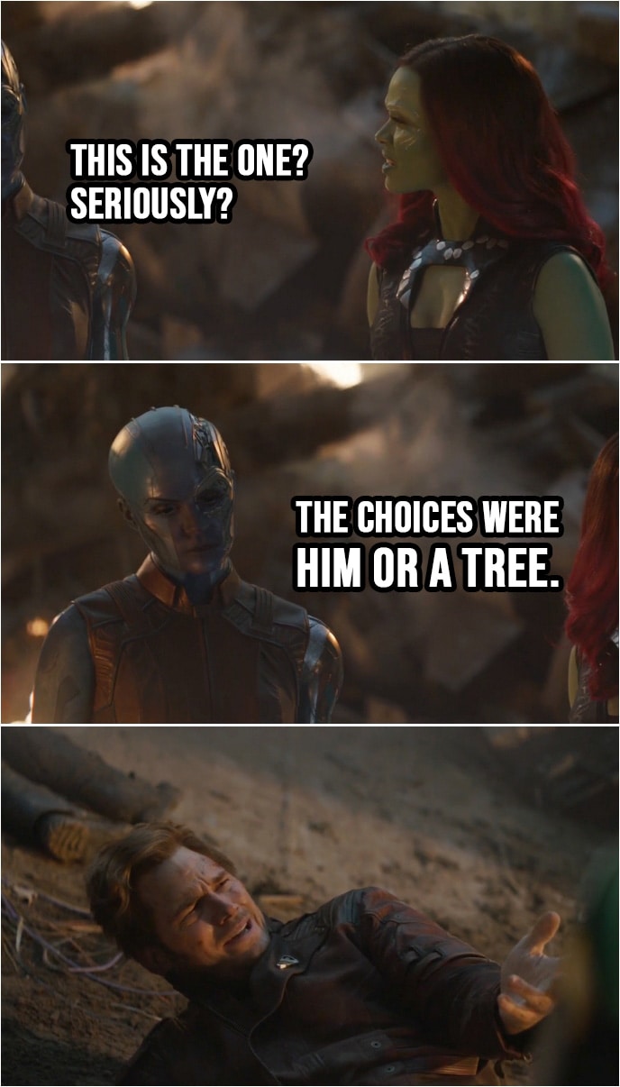 Quote from Avengers: Endgame (2019) | Gamora: This is the one? Seriously? (looking at Quill) Nebula: The choices were him or a tree.