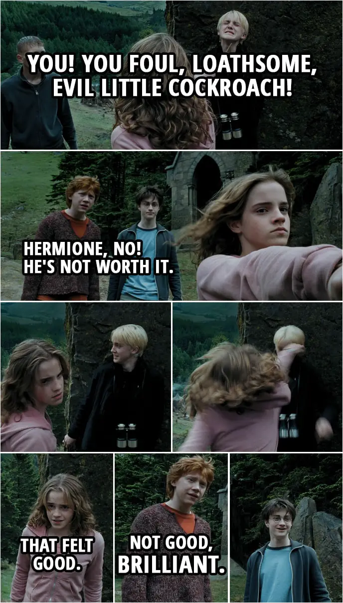 Quote from Harry Potter and the Prisoner of Azkaban (2004) | Draco Malfoy: Look who's here. Come to see the show? Hermione Granger: You! You foul, loathsome, evil little cockroach! (points her wand at Draco's throat) Ron Weasley: Hermione, no! He's not worth it. (Hermione lowers her wand eventually and Draco starts to laugh. She turns back to him and punches him in the face...) Vincent Crabbe: Malfoy, are you okay? Let's go. Quick. (they start to run away) Draco Malfoy: Not a word to anyone, understood? Hermione Granger: That felt good. Ron Weasley: Not good, brilliant.
