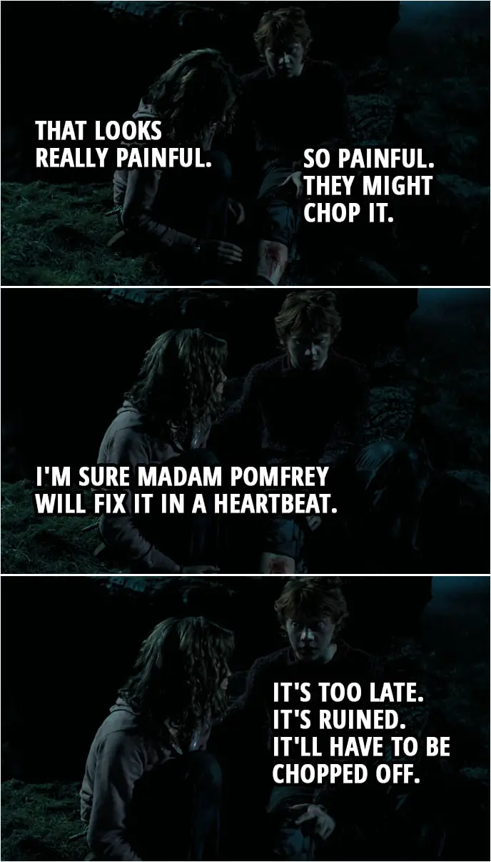 Quote from Harry Potter and the Prisoner of Azkaban (2004) | (Ron was bitten by Sirius...) Hermione Granger: That looks really painful. Ron Weasley: So painful. They might chop it. Hermione Granger: I'm sure Madam Pomfrey will fix it in a heartbeat. Ron Weasley: It's too late. It's ruined. It'll have to be chopped off.