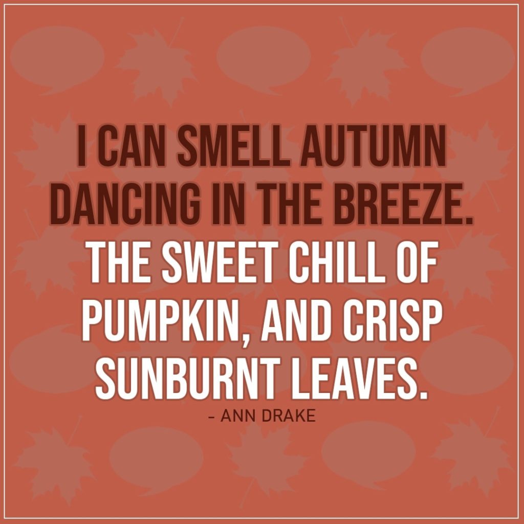 Quote about Fall | I can smell autumn dancing in the breeze. The sweet chill of pumpkin, and crisp sunburnt leaves. - Ann Drake