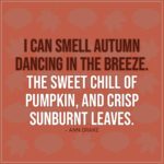 Quote about Fall | I can smell autumn dancing in the breeze. The sweet chill of pumpkin, and crisp sunburnt leaves. - Ann Drake