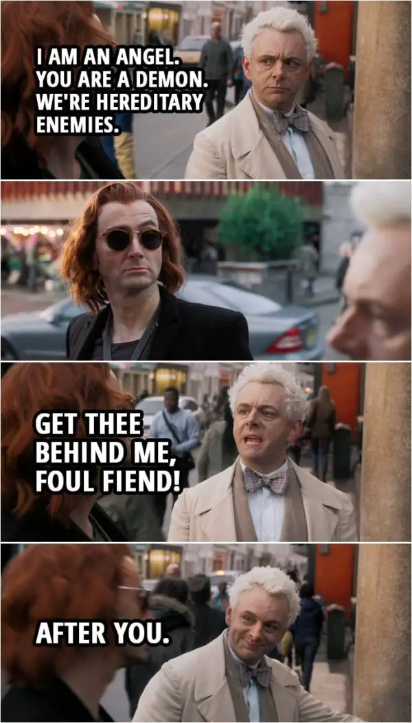Quote from Good Omens 1x01 | Aziraphale: Crowley, I've told you, I'm not helping you. I'm not interested. This is purely social. I am an angel. You are a demon. We're hereditary enemies. Get thee behind me, foul fiend! After you.