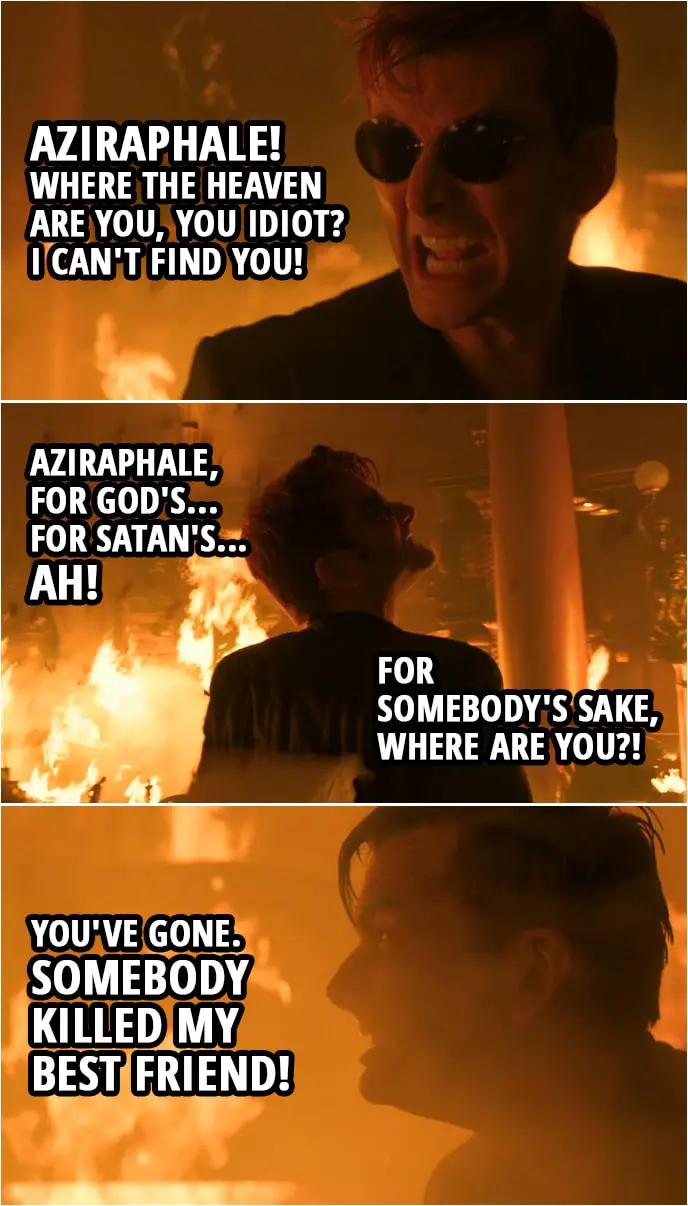 Quote from Good Omens 1x05 | (The bookshop is burning...) Crowley: Aziraphale! Aziraphale, where the Heaven are you, you idiot? I can't find you! Aziraphale, for God's... For Satan's... Ah! For somebody's sake, where are you?! You've gone. Somebody killed my best friend! Bastards! All of you!