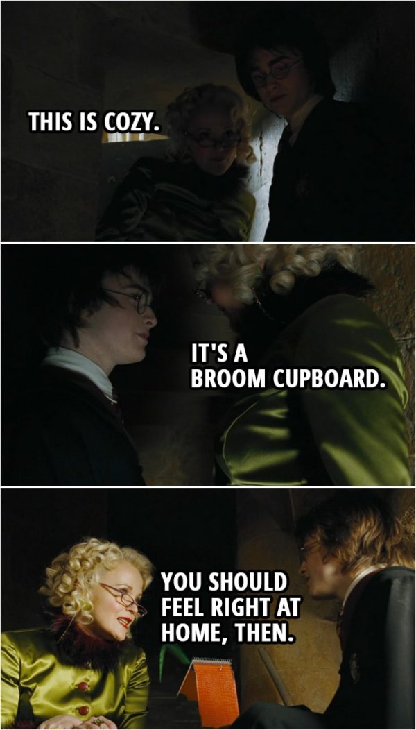 Quote from Harry Potter and the Goblet of Fire (2005) | Rita Skeeter: This is cozy. Harry Potter: It's a broom cupboard. Rita Skeeter: You should feel right at home, then.