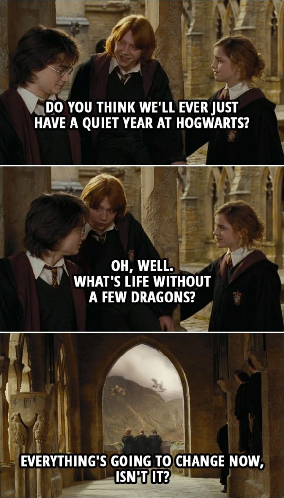 Quote from Harry Potter and the Goblet of Fire (2005) | Ron Weasley: Do you think we'll ever just have a quiet year at Hogwarts? Hermione Granger: No. Harry Potter: No. Ron Weasley: No, I didn't think so. Oh, well. What's life without a few dragons? Hermione Granger: Everything's going to change now, isn't it? Harry Potter: Yes.