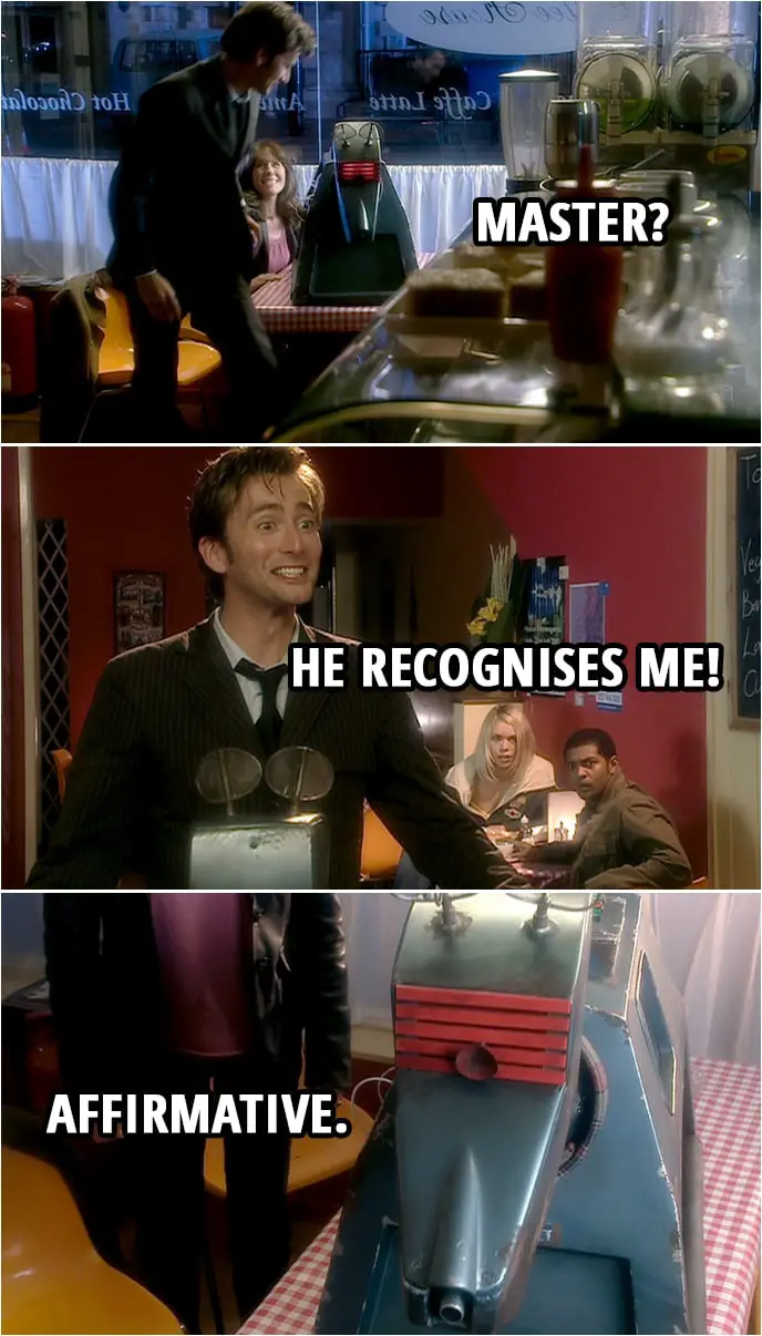 Quote from Doctor Who 2x03 | (Doctor fixes K9...) K9: Master? Doctor: He recognises me! K9: Affirmative.