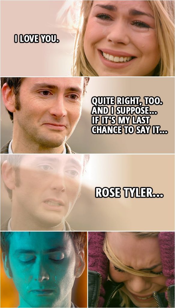 Quote from Doctor Who 2x13 | Rose Tyler: Am I ever going to see you again? Doctor: You can't. Rose Tyler: What are you going to do? Doctor: I've got the Tardis. Same old life. Last of the Time Lords. Rose Tyler: On your own? (Doctor nods) I... I love you. Doctor: Quite right, too. And I suppose... if it's my last chance to say it, Rose Tyler...