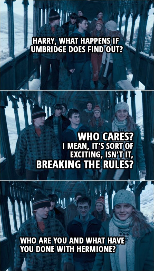 Quote from Harry Potter and the Order of the Phoenix (2007) | Ginny Weasley: Harry, what happens if Umbridge does find out? Hermione Granger: Who cares? I mean, it's sort of exciting, isn't it, breaking the rules? Ron Weasley: Who are you and what have you done with Hermione?