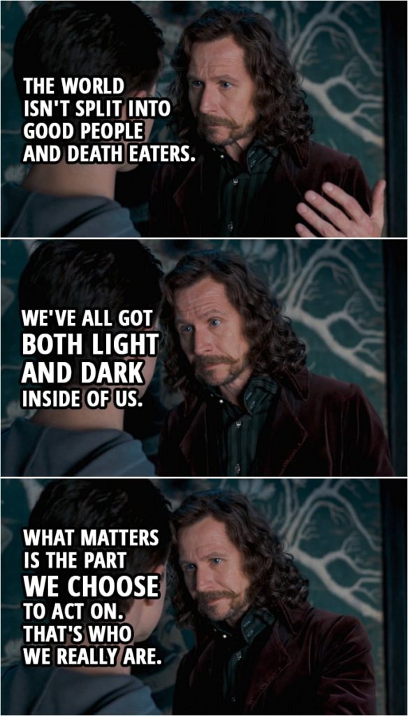 Quote from Harry Potter and the Order of the Phoenix (2007) | Harry Potter: Sirius, when I was... When I saw Mr. Weasley attacked, I wasn't just watching. I was the snake. And afterwards, in Dumbledore's office... there was a moment when I wanted to... This connection between me and Voldemort. What if the reason for it is that I am becoming more like him? I just feel so angry all the time. And what if, after everything that I've been through... something's gone wrong inside me? What if I'm becoming bad? Sirius Black: I want you to listen to me very carefully, Harry. You're not a bad person. You're a very good person who bad things have happened to. You understand? Besides, the world isn't split into good people and Death Eaters. We've all got both light and dark inside of us. What matters is the part we choose to act on. That's who we really are.