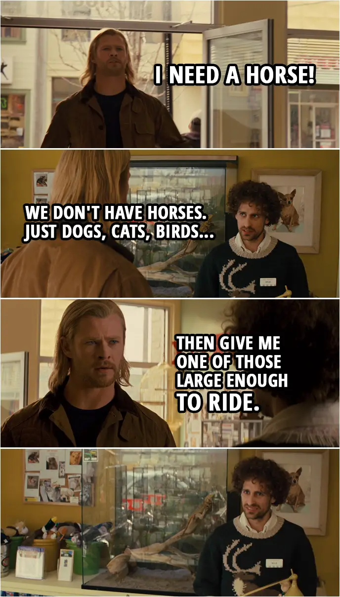 Quote from Thor (2011) | (Thor walks into a Pet Palace shop...) Thor: I need a horse! Shop assistant: We don't have horses. Just dogs, cats, birds... Thor: Then give me one of those large enough to ride.