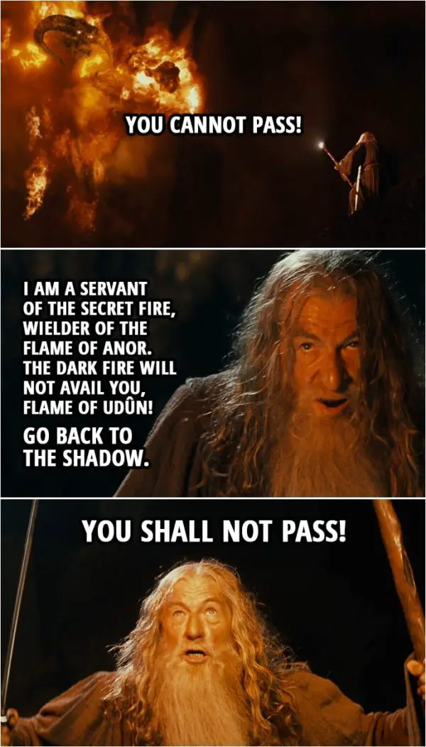 Quote from The Lord of the Rings: The Fellowship of the Ring (2001) | Gandalf: You cannot pass! I am a servant of the Secret Fire, wielder of the flame of Anor. The dark fire will not avail you, flame of Udûn! Go back to the Shadow. You shall not pass!