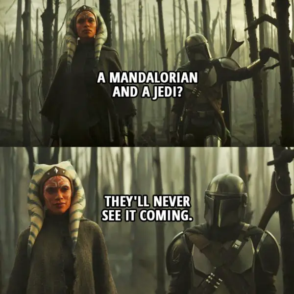 Quote from The Mandalorian 2x05 | Din Djarin (to Ahsoka): A Mandalorian and a Jedi? They'll never see it coming.