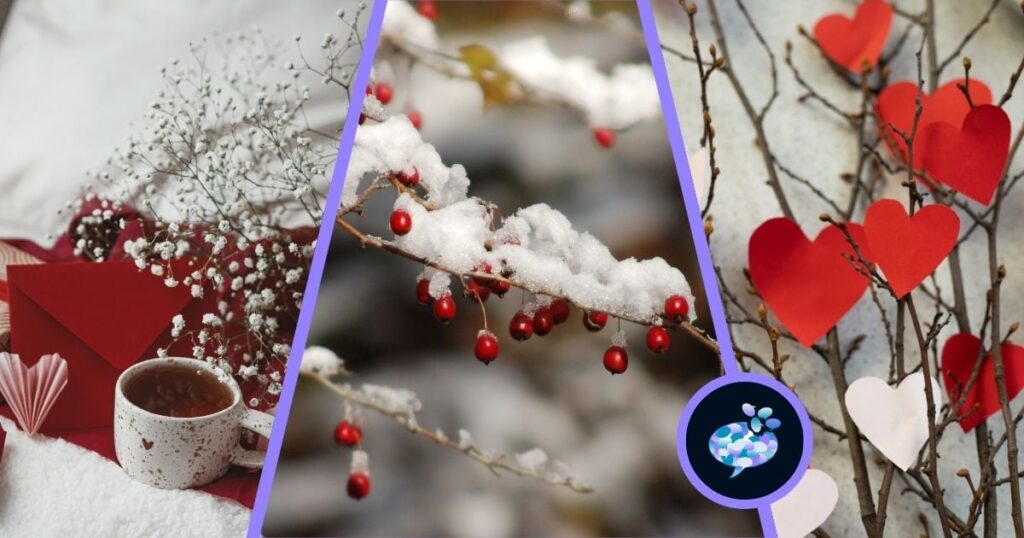 Illustrational image for collection of February quotes with thing representing the month - snow, hearts, cozy nights in