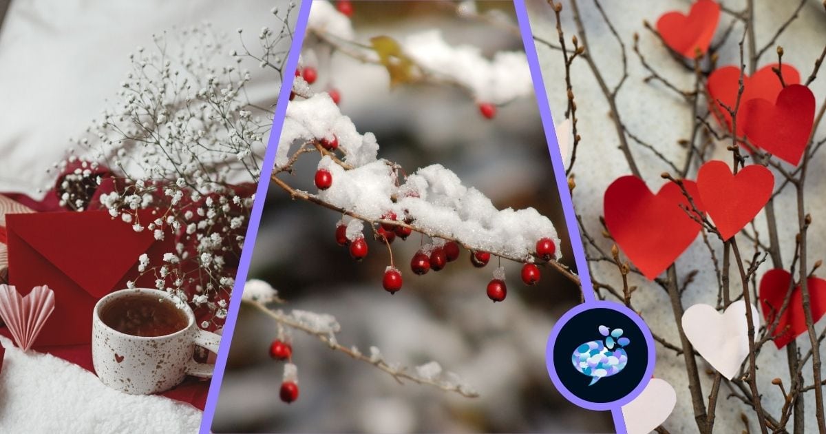 Illustrational image for collection of February quotes with thing representing the month - snow, hearts, cozy nights in