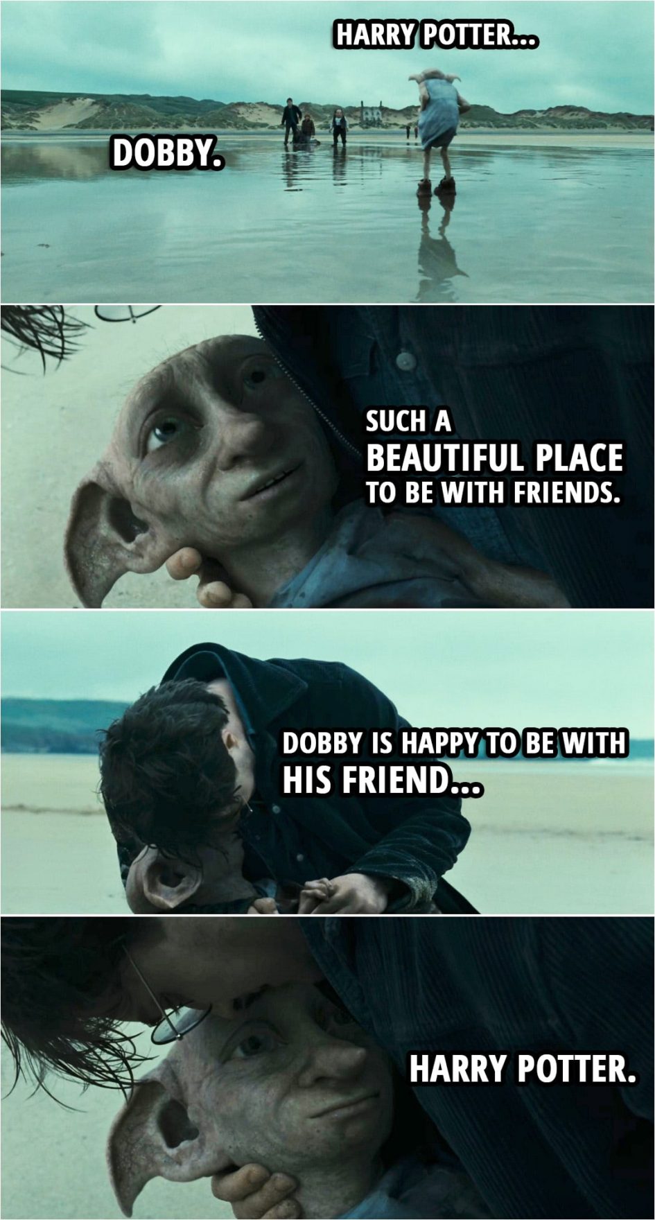 Quote from Harry Potter and the Deathly Hallows: Part 1 (2010) | Dobby: Such a beautiful place to be with friends. Dobby is happy to be with his friend... Harry Potter.