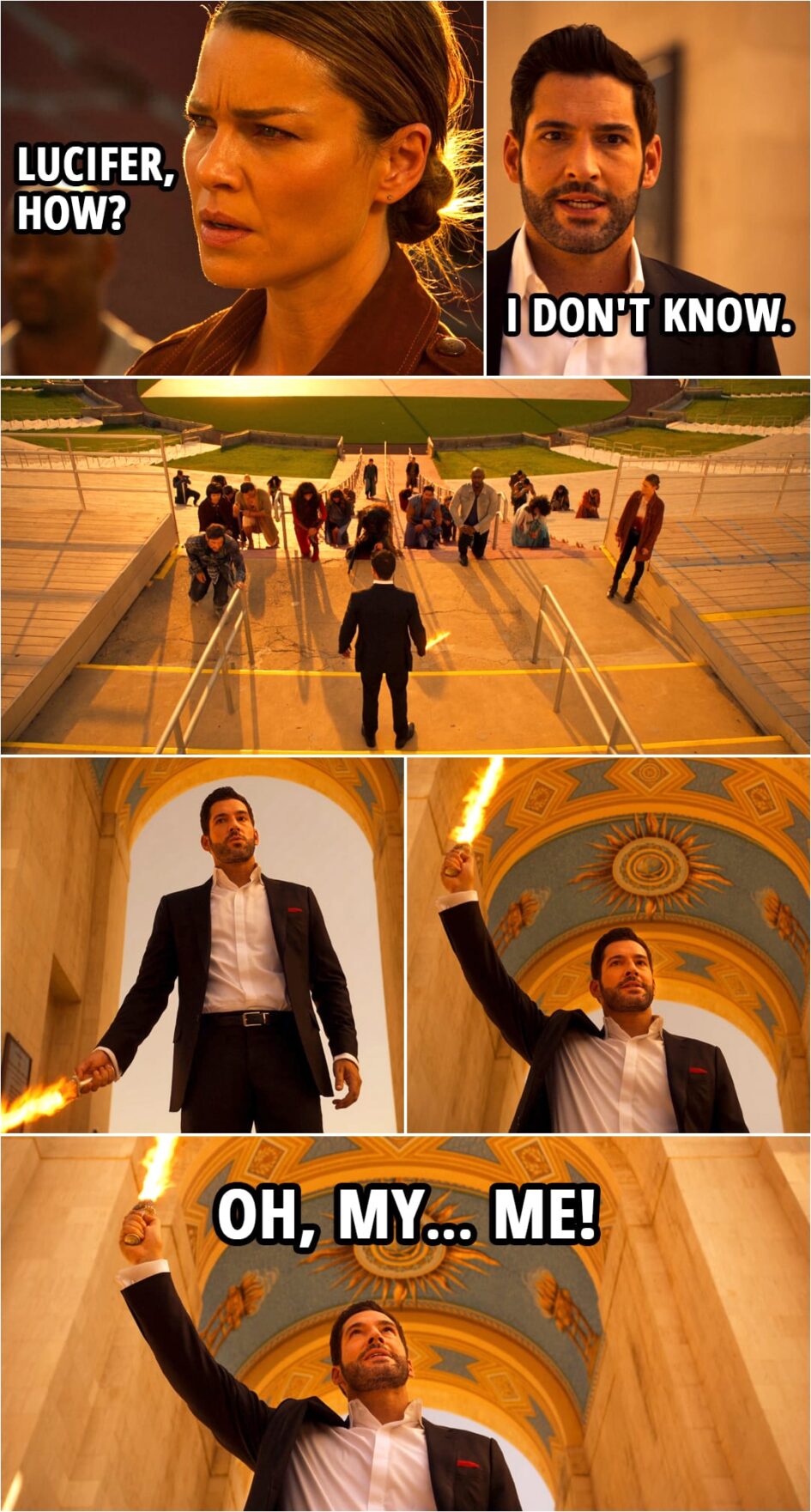 Quote from Lucifer 5x16 | Lucifer Morningstar: Bend the knee, brother. To the death, right? (Michael kneels down and Lucifer cuts off Michael's wings...) Lucifer Morningstar: No more killing. In my time here on Earth, I've learned everyone deserves a second chance. Even me. Even you, Michael. Chloe Decker: Lucifer, how? Lucifer Morningstar: I don't know. I... Oh, my me!