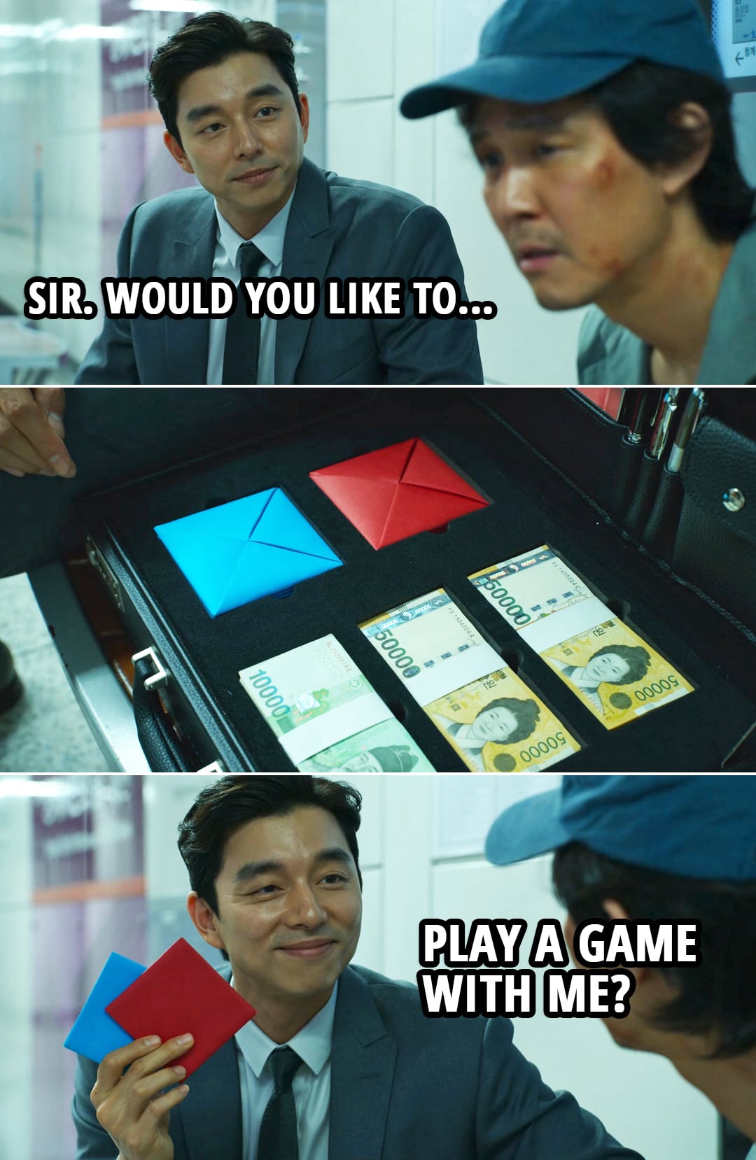 Quote from Squid Game 1x01 | The Salesman: Sir. Would you like to play a game with me?