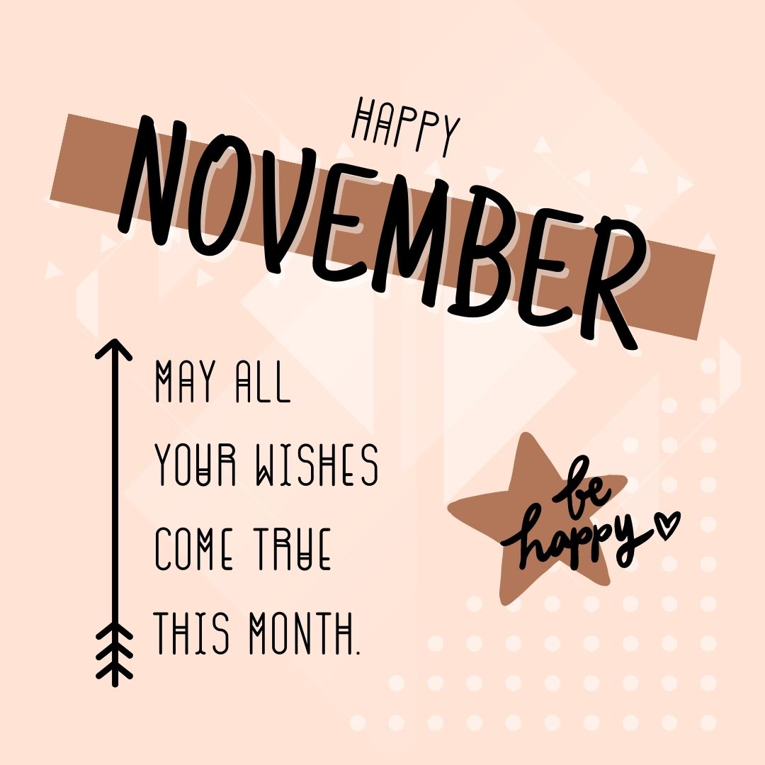 Month of November Quotes: Happy November! May all your wishes come true this month. (Pastel brown aesthetic quote image)