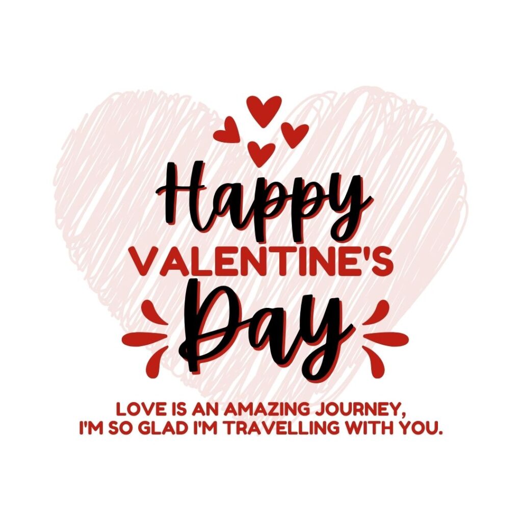 Valentine's Day Quote: "Love is an amazing journey and I'm so glad I'm travelling with you. Happy Valentine's Day!" (Red and Black aesthetic image quote)