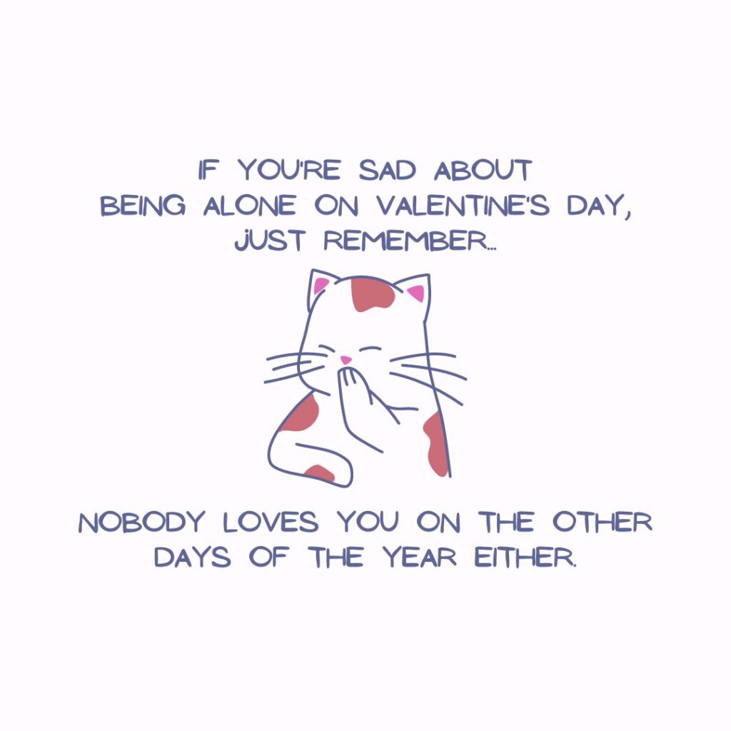 Anti-Valentine's Day Quote: "If you're sad about being alone on Valentine's Day, just remember... Nobody loves you on the other days of the year either." (Dark blue and white aesthetic quote image)